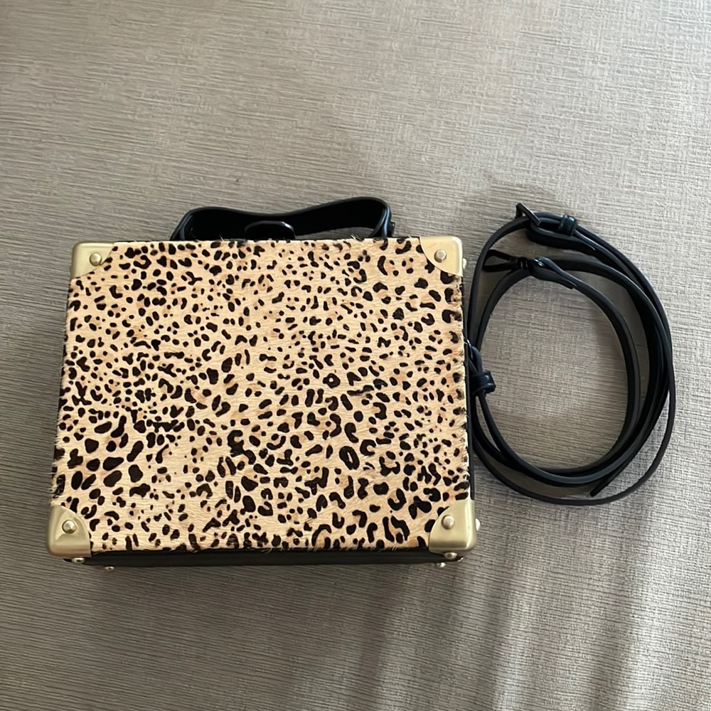 Sam Edelman black box bag with textured leopard front and clasp open/closure.